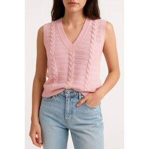 Vintage Womens Pink Cable Knit V-Neck Sweater Vest Small Made In USA Coquette